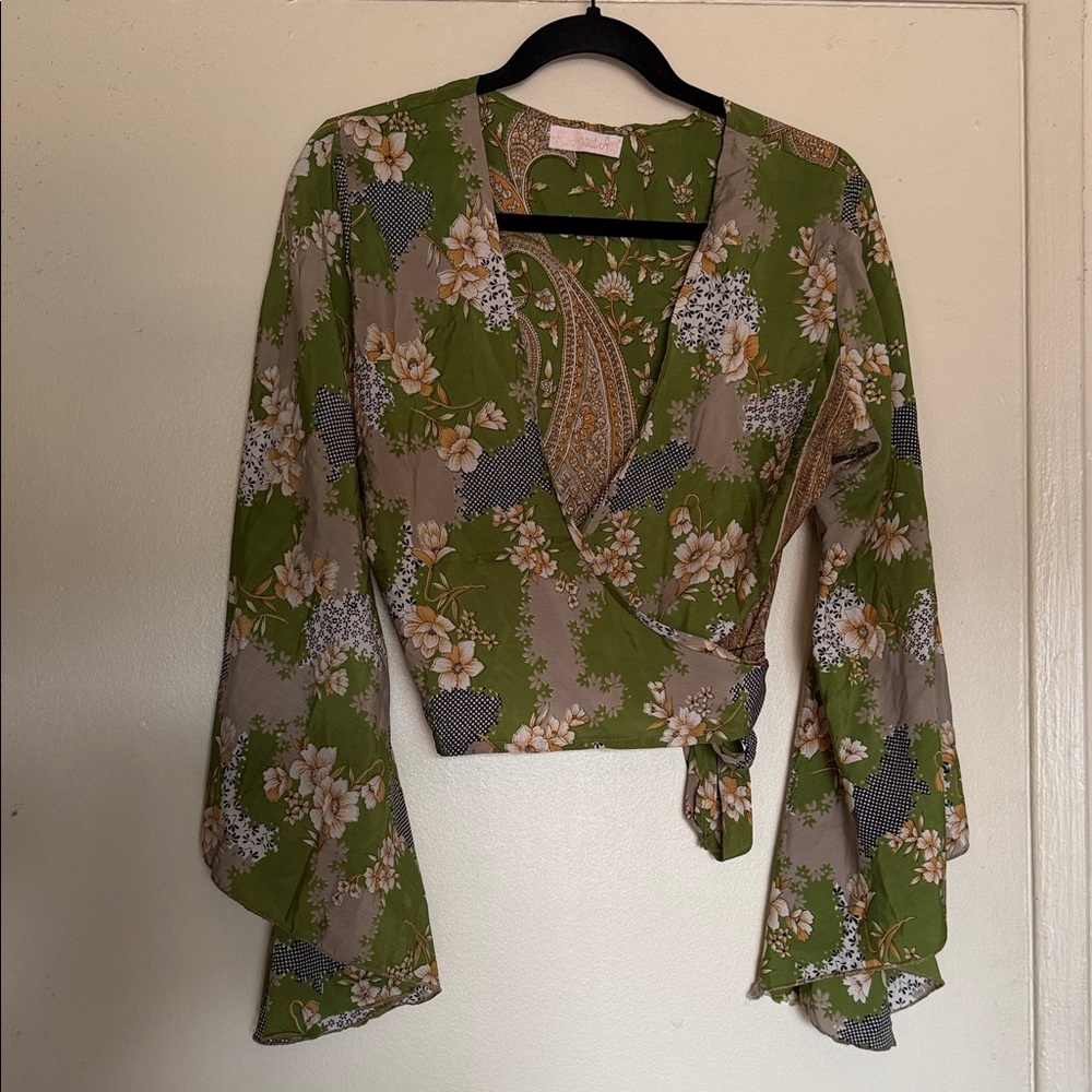 All about Audrey Floral Wrap Blouse in Olive Green